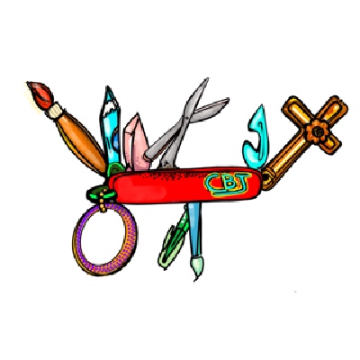 Color Illustration of a Swiss Army Knife featuring artist tools with a CBJ Logo