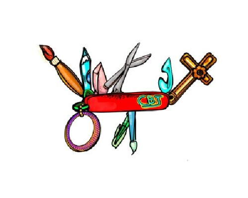 Color Illustration of a Swiss Army Knife featuring artist tools with a CBJ Logo